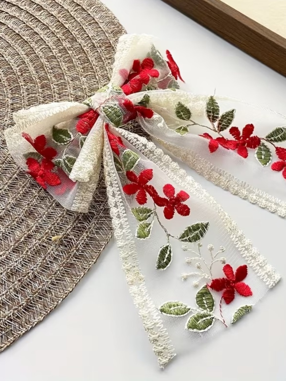 Embroidered Red Floral Lace Bow Hair Clip for Women